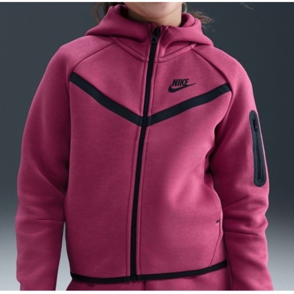 Nike Tech Hoodie Girls Small Loose Fit Pink Fleece Full Zip Jacket Athletic MINT